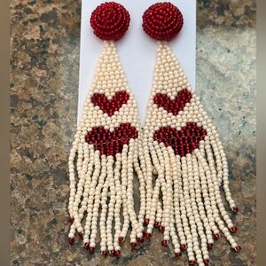 Elegant Red and Cream Beaded Heart Earrings
